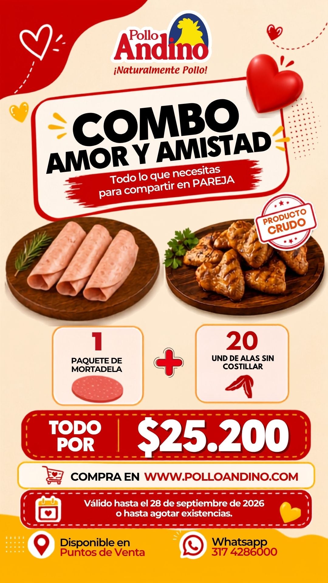 Combo Amor y Amistad lleva 1 paquete de Mortadela x 250gr + 20 Alas sin costillar
