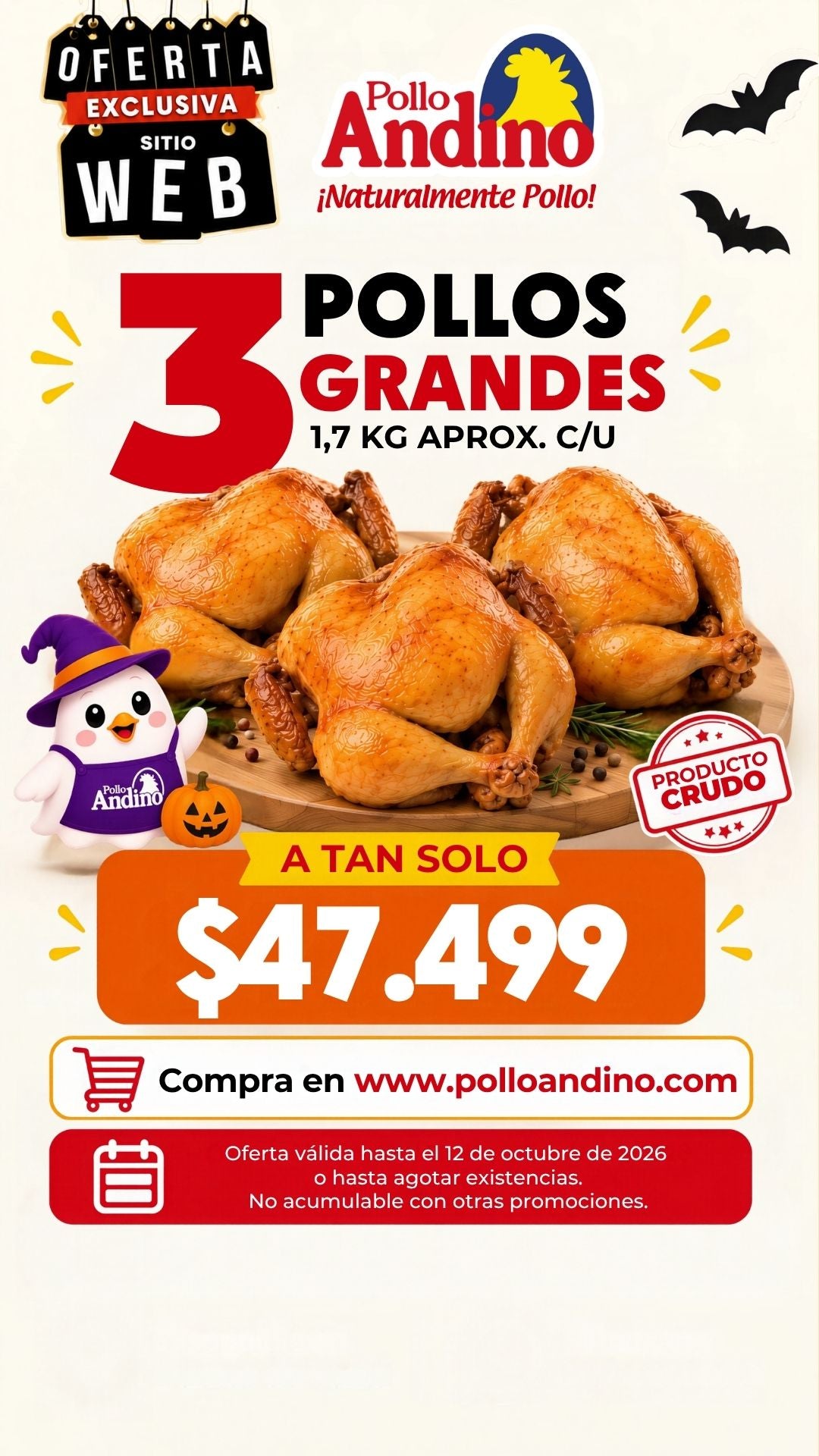 Oferta de tres pollos grandes 1.75kg aprox. c/u