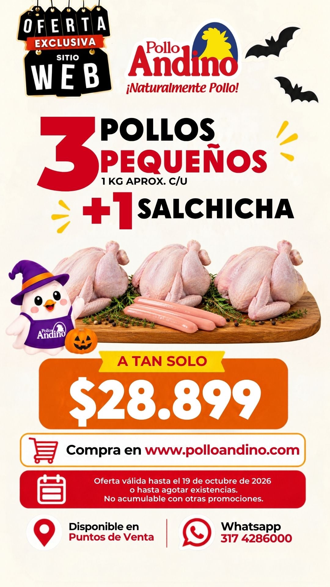 Oferta 3 pollos pequeños enteros 1 kg aprox. c/u + 1 Salchicha