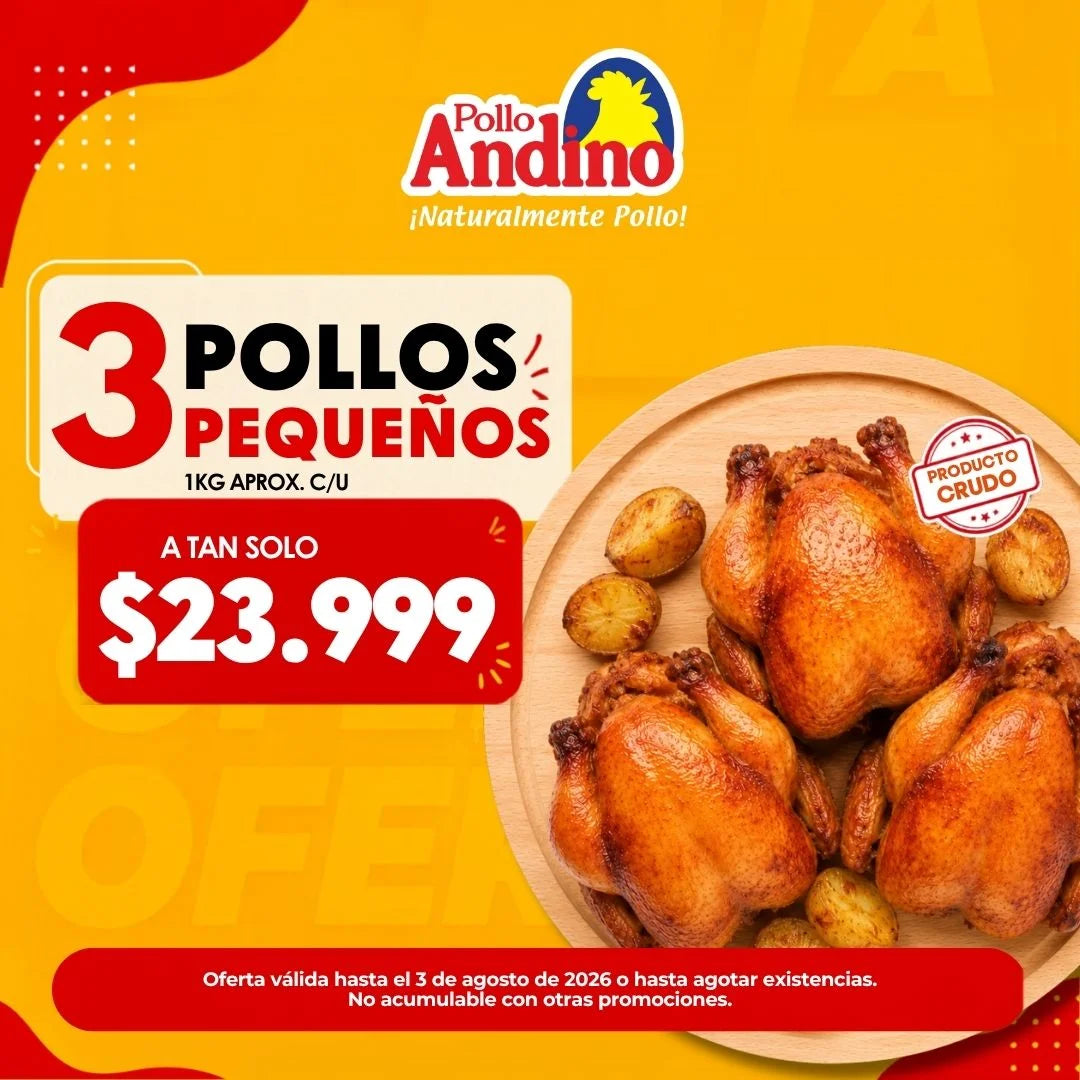 Oferta 3 pollos pequeños enteros 1 kg aprox. c/u