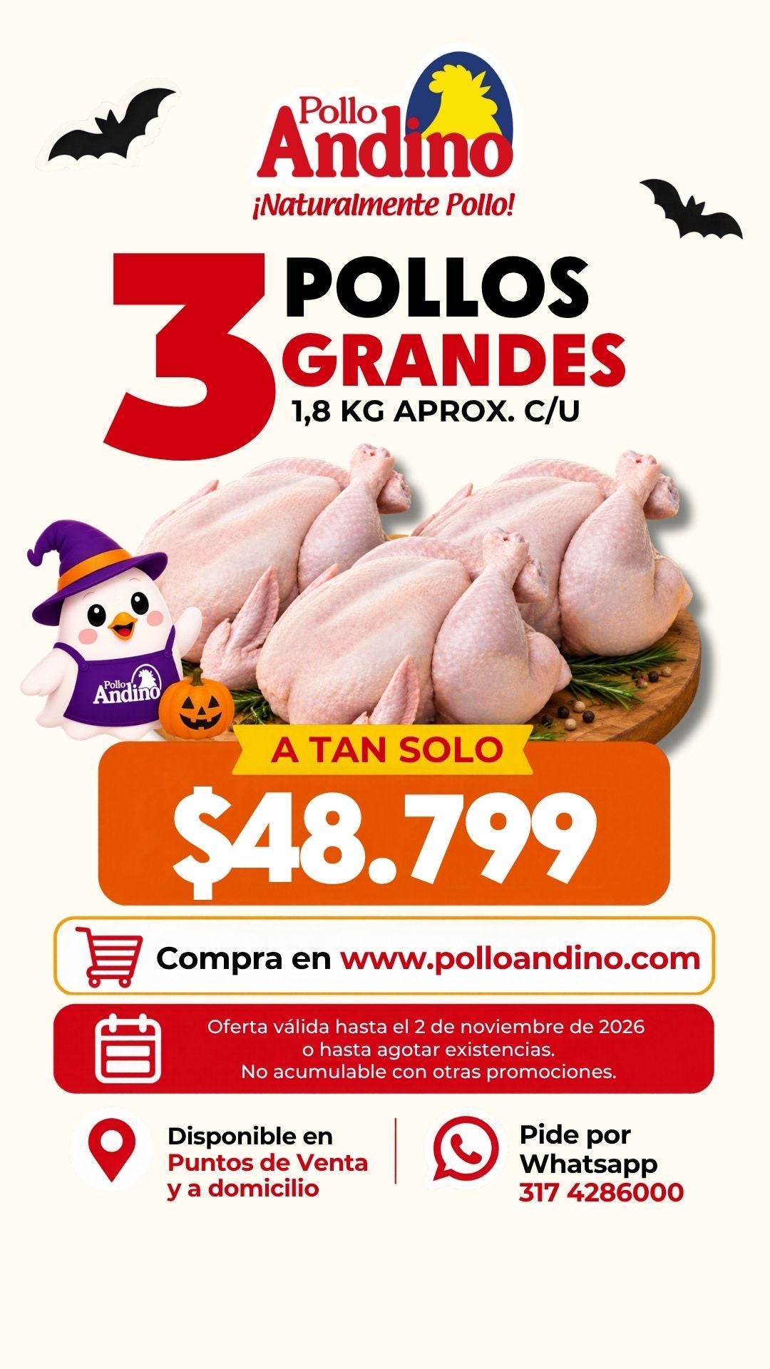 Oferta de tres pollos grandes 1.75kg aprox. c/u