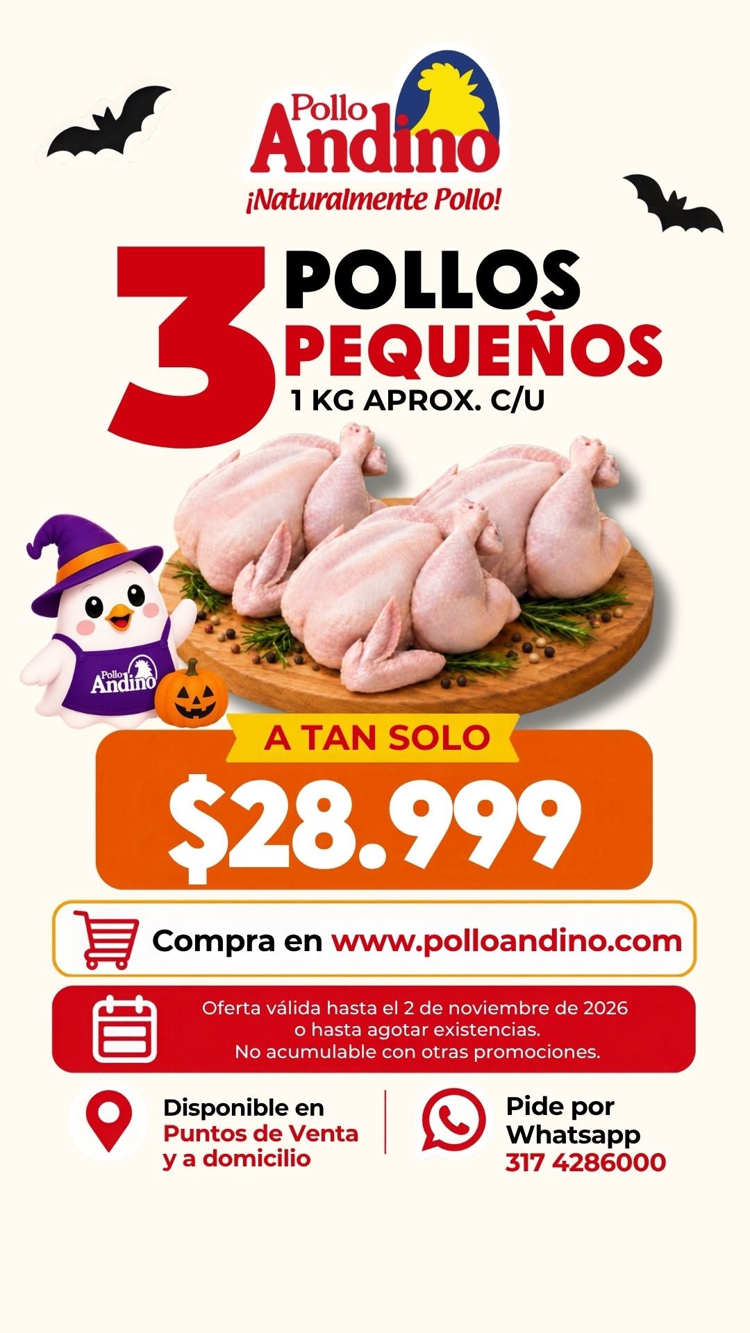 Oferta 3 pollos pequeños enteros 1 kg aprox. c/u