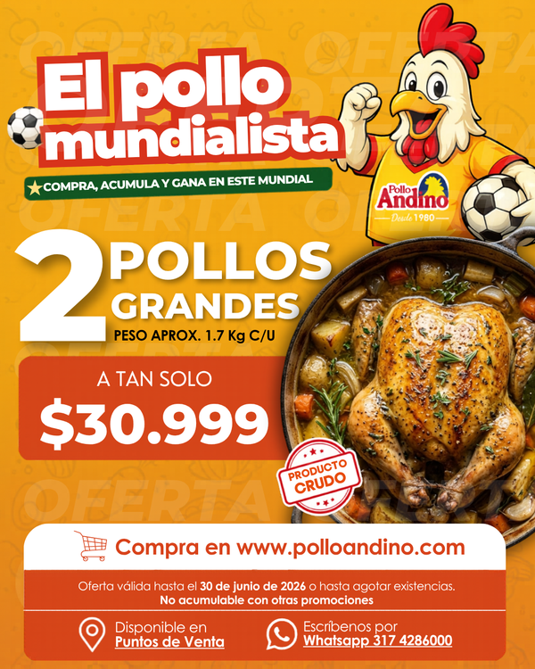 Super oferta 2 pollos enteros grandes 1,7 kg aprox c/u