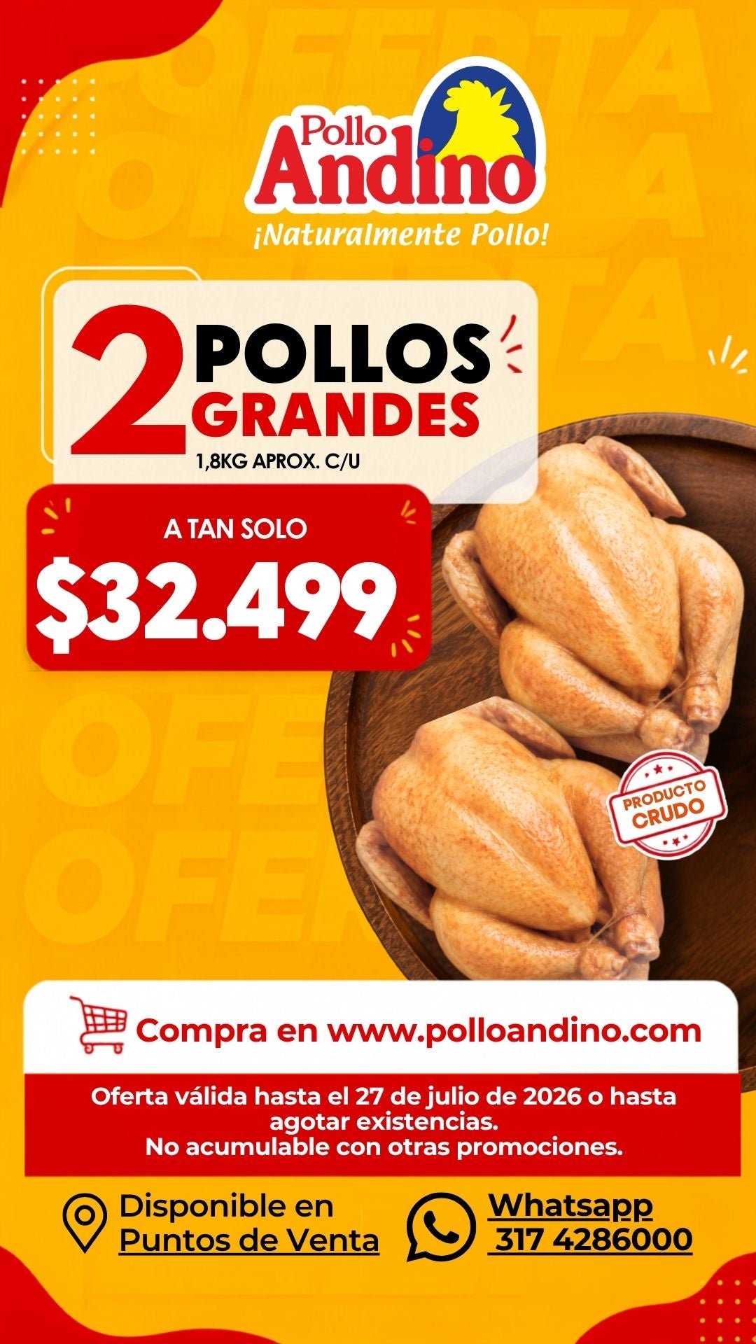 Oferta de dos pollos grandes 1.7kg aprox. c/u