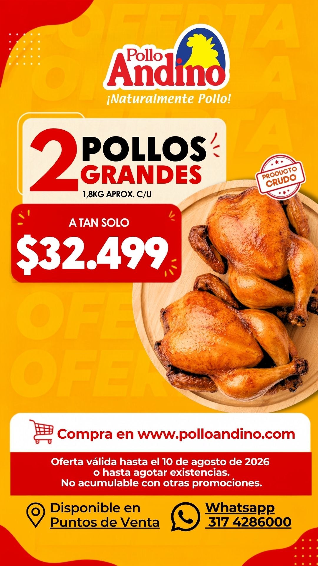 Oferta de dos pollos grandes 1.7kg aprox. c/u