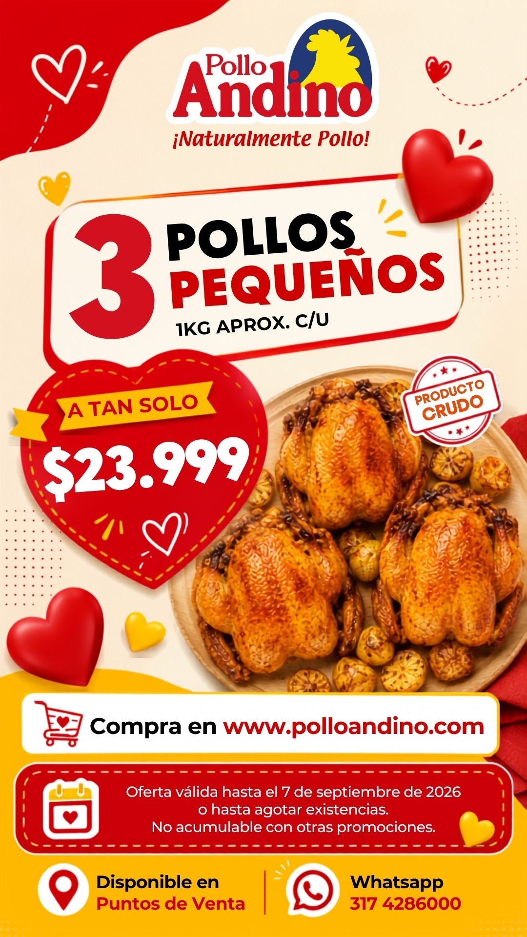 Oferta 3 pollos pequeños enteros 1 kg aprox. c/u