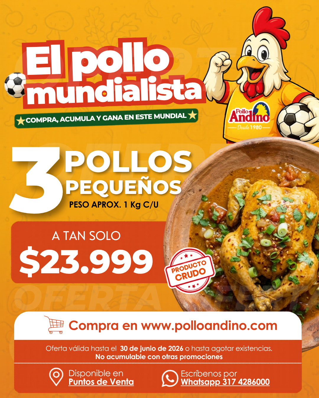 Oferta 3 pollos pequeños enteros 1 kg aprox. c/u