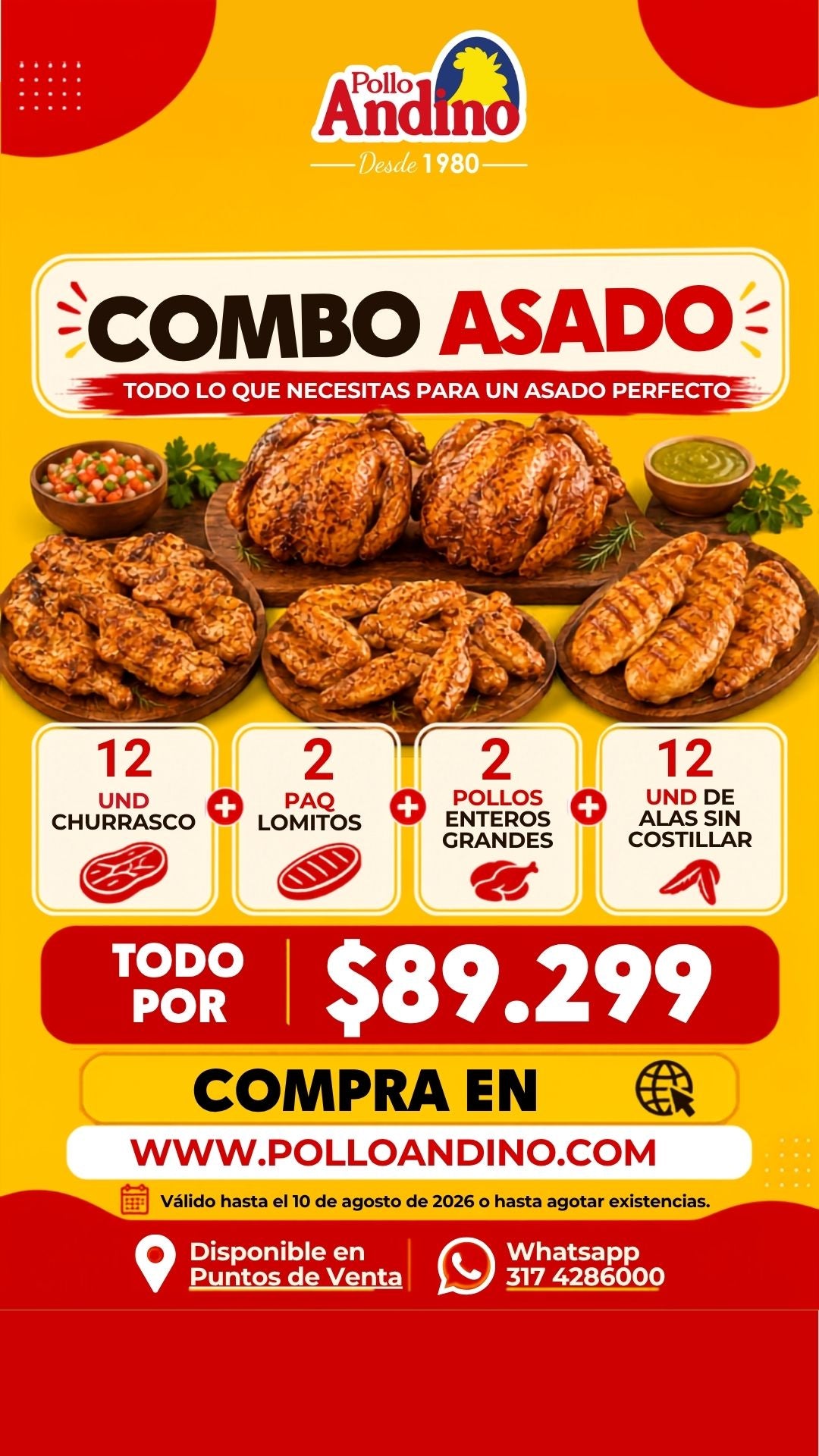 Combo asado 12 churrascos + 2 paq de lomitos + 12 alas sin cost. + 2 pollos enteros grandes (1.8kg aprox. c/u)