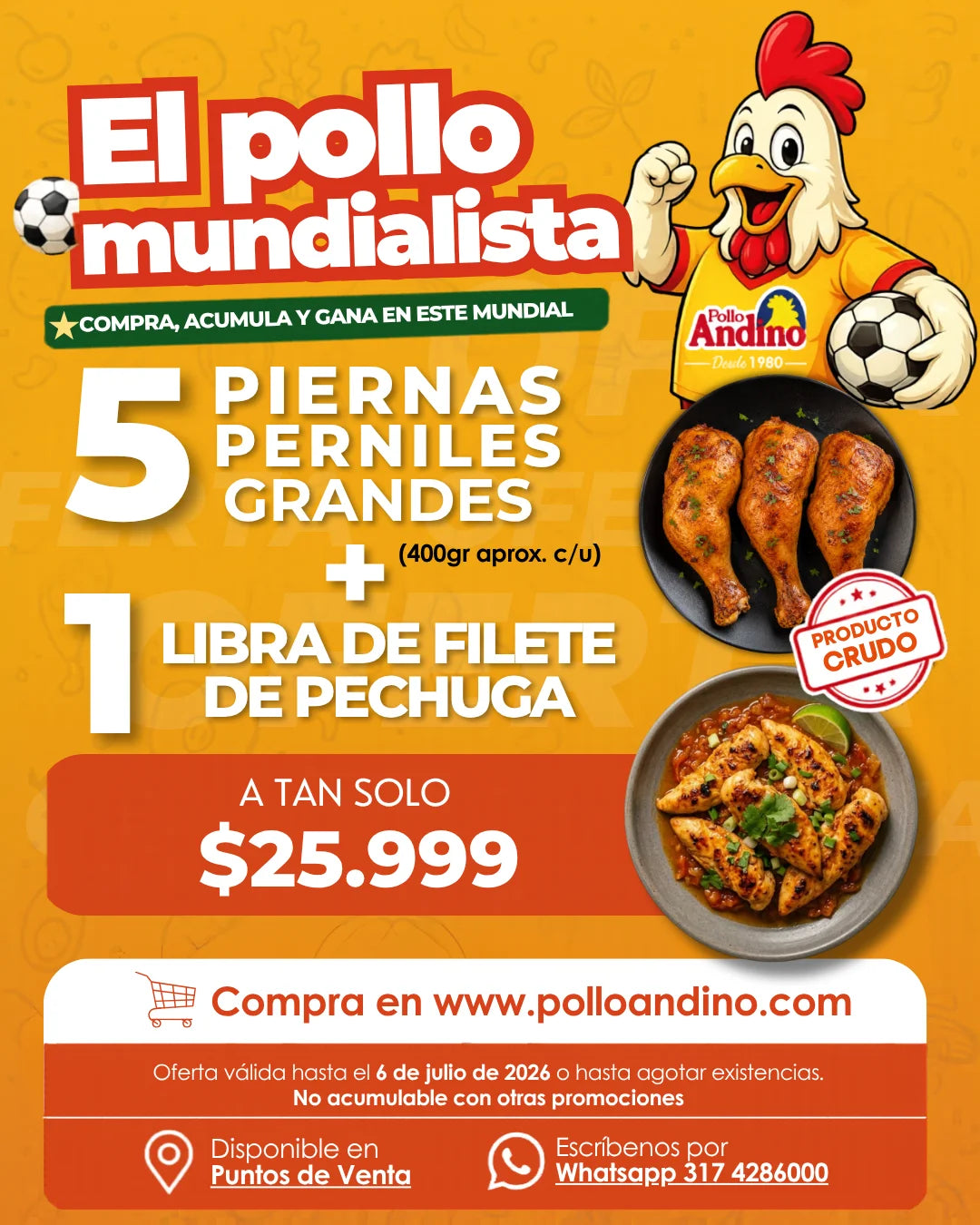 Super oferta 1 libra de filete de pechuga + 5 piernas perniles