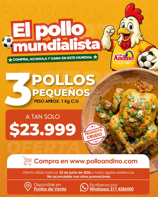 Oferta 3 pollos pequeños enteros 1 kg aprox. c/u